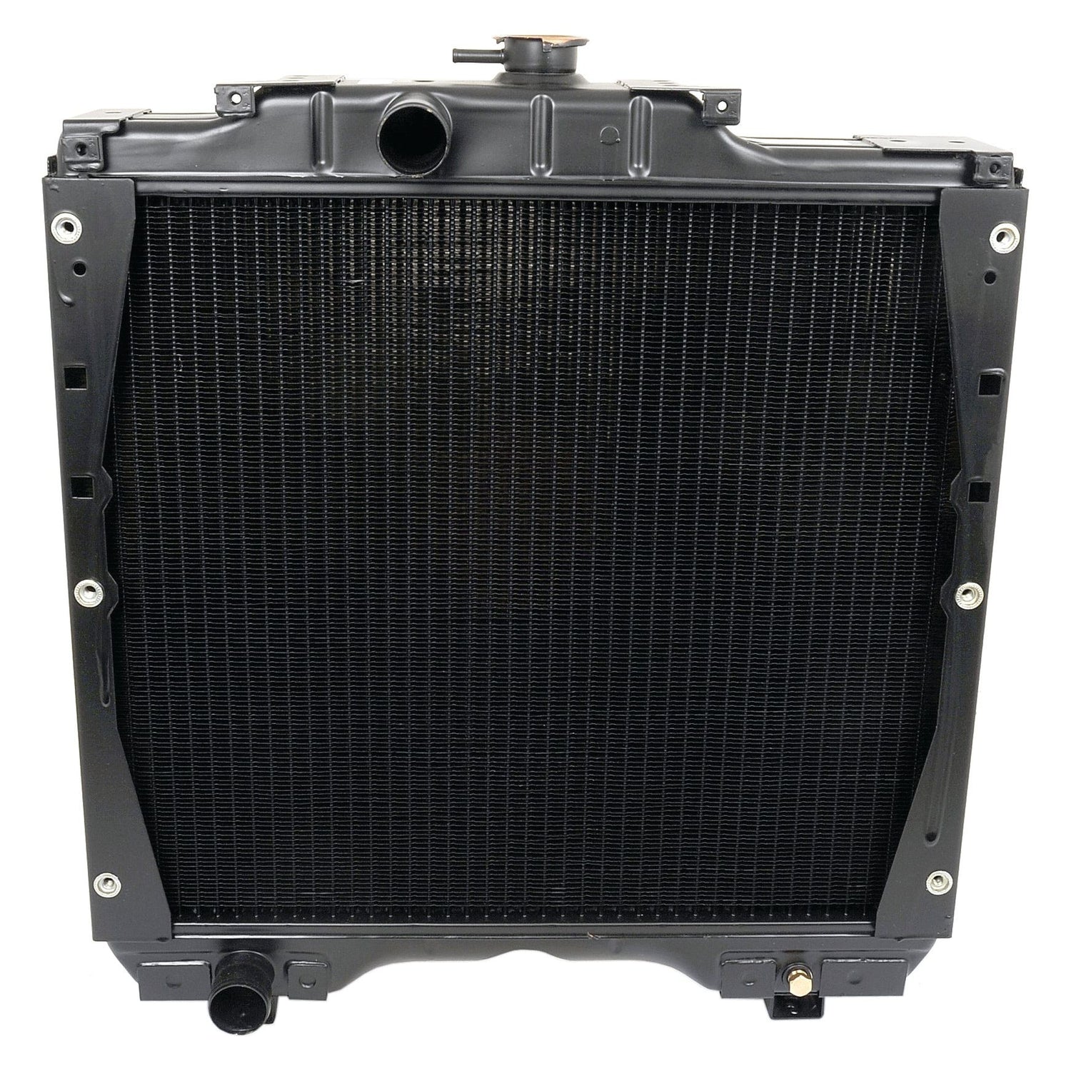 The Sparex Radiator - S.73868, shown in an upright position, features a black central core for cooling, metal edges, mounting points, and a radiator cap with an overall height of 605mm.