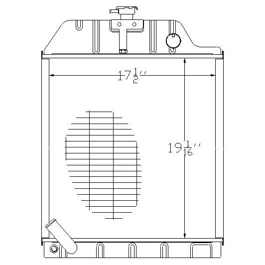Detailed technical drawing of the Radiator - S.73882 by Sparex, labeled dimensions 17 1/2 inches in width and 19 1/16 inches in height. Includes specifications for Ø38mm inlet and outlet fittings.