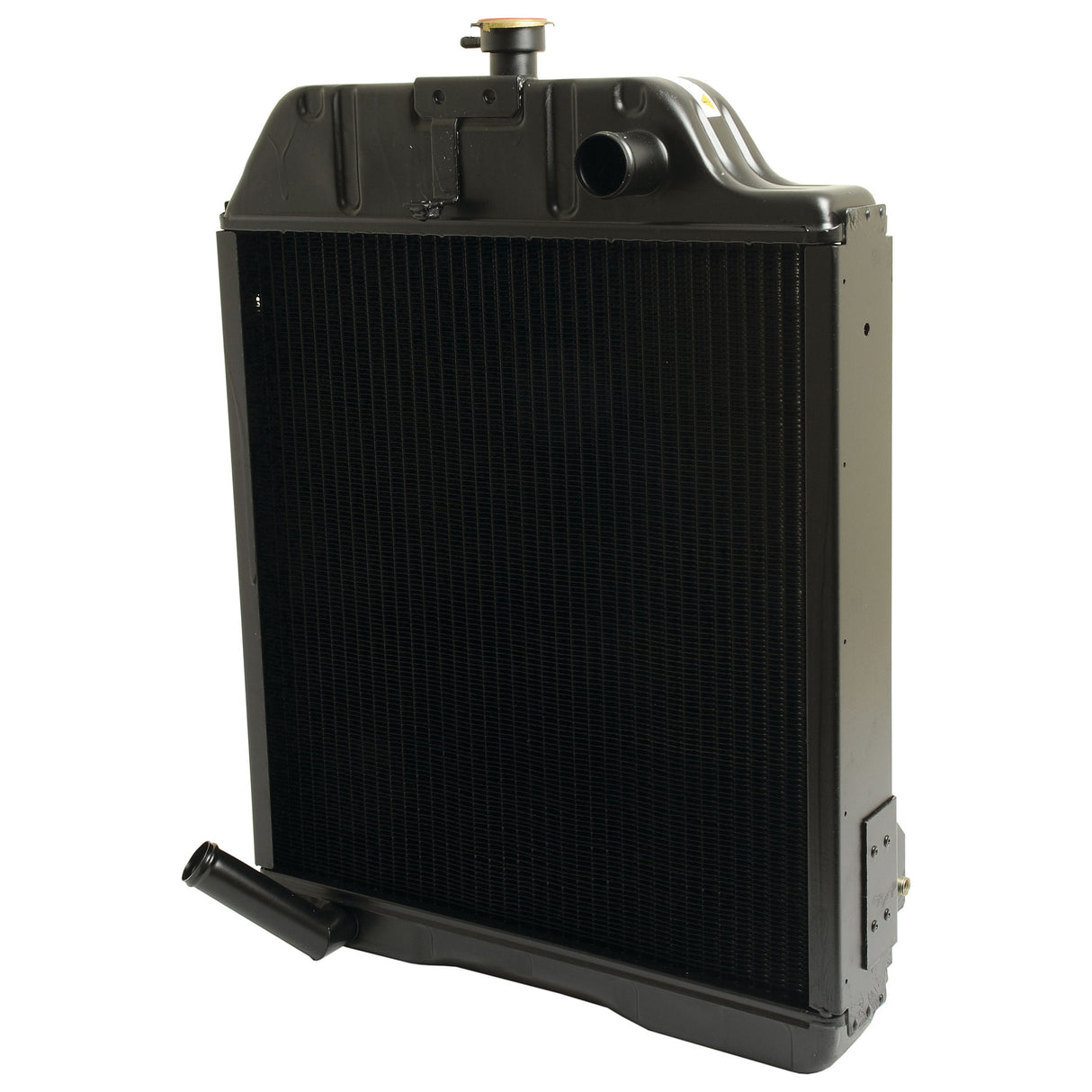 The Sparex Radiator - S.73882, in black, features a top cap with a Ø38mm upper hose connection on the right and a lower hose connection on the left, making it ideal for engine cooling.