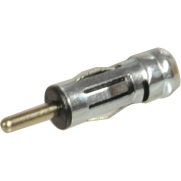 Introducing the Sparex Radio Aerial with ISO End DIN Connection (Part No. S.25744) - a cylindrical metal coaxial RF plug connector featuring a single pin protruding from one end, ideal for connecting to radio aerials or other ISO End DIN compatible devices.