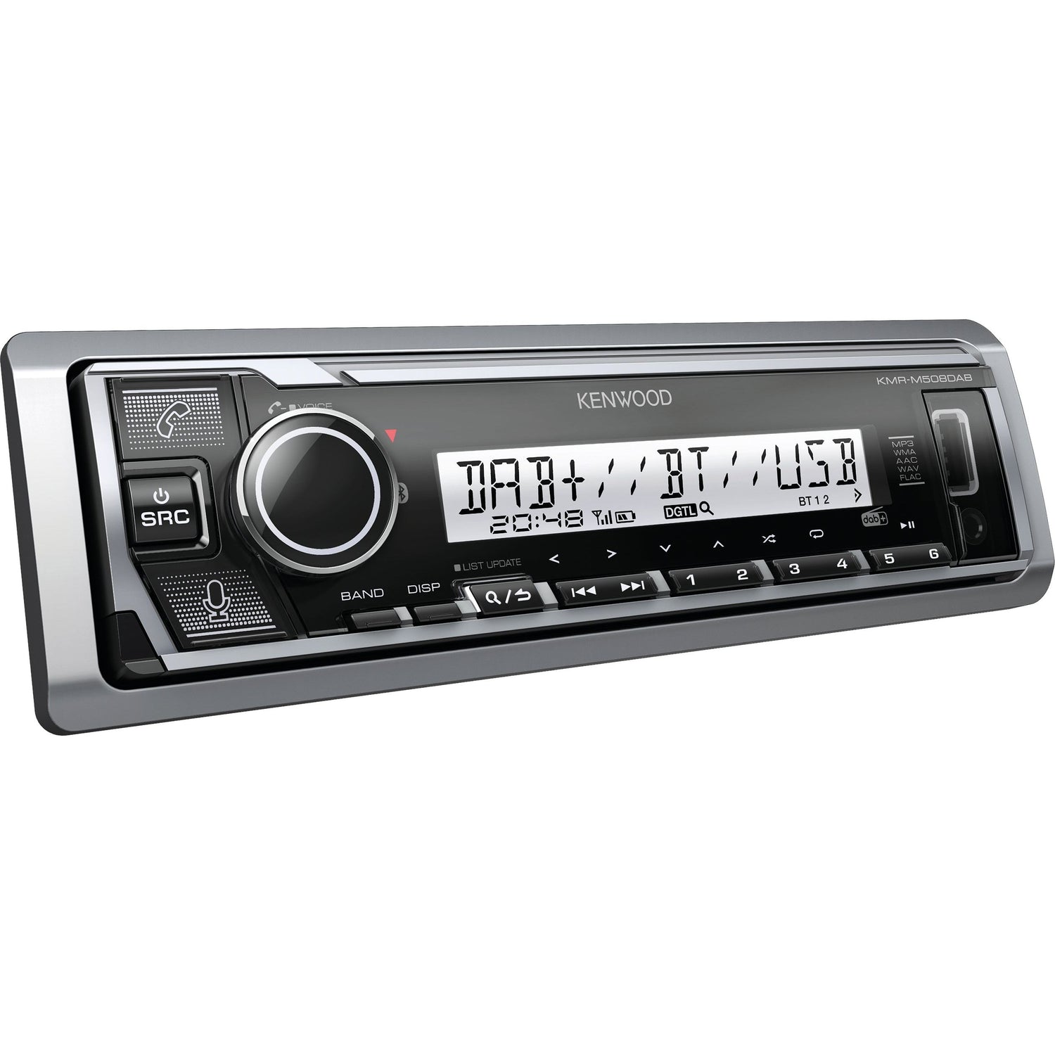 A Sparex Radio - DAB | Bluetooth | Short body | Android | iPod-iPhone | Spotify App | USB Receiver - S.151006 features an LED display, control buttons, a volume knob, and inputs for USB and auxiliary connections. The display shows radio frequencies, Bluetooth settings and supports Alexa built-in along with DAB+ digital radio.