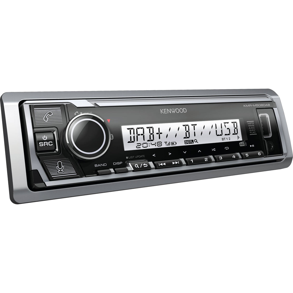 A Sparex Radio - DAB | Bluetooth | Short body | Android | iPod-iPhone | Spotify App | USB Receiver - S.151006 features an LED display, control buttons, a volume knob, and inputs for USB and auxiliary connections. The display shows radio frequencies, Bluetooth settings and supports Alexa built-in along with DAB+ digital radio.