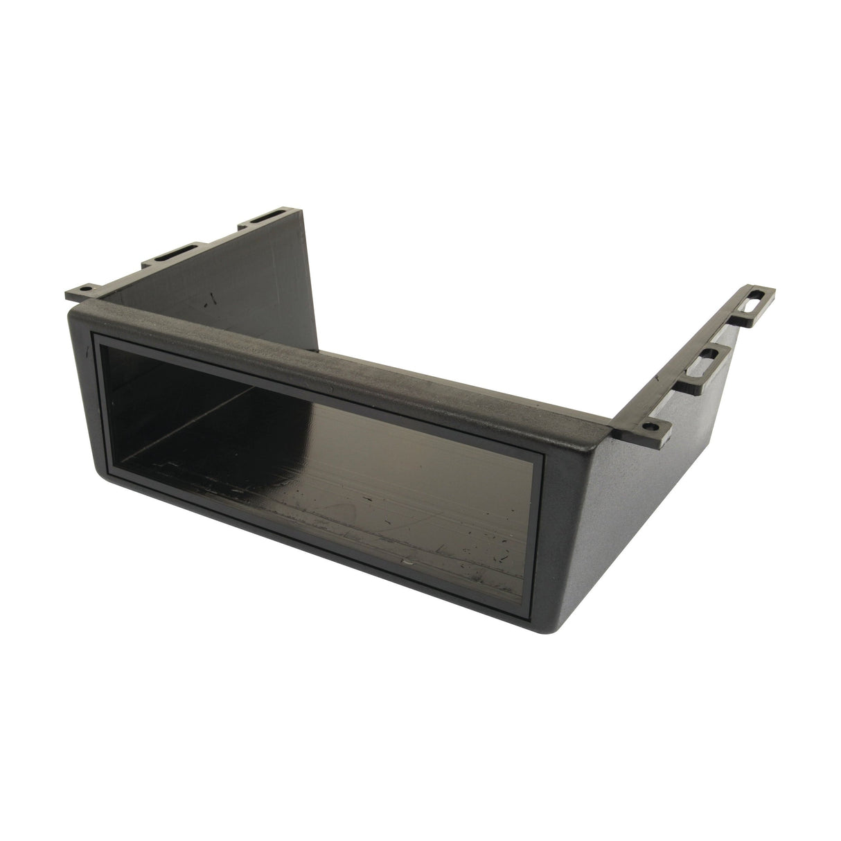 The Sparex Radio Under Dashboard Tray, part number S.25748, features a black plastic rectangular design with an open front and two side panels with mounting holes, perfect for securely installing car stereos.