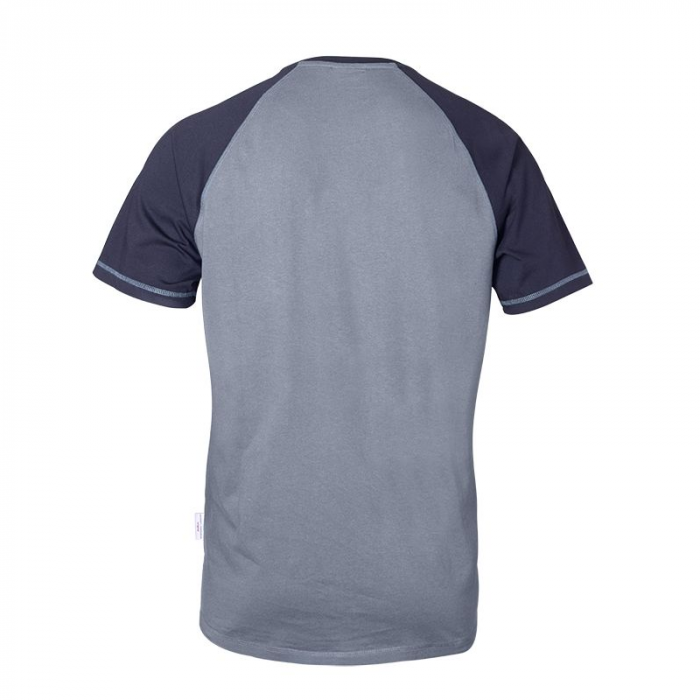 Back view of the comfortable, two-tone gray and black AGCO Massey Ferguson Raglan T-Shirt (X993311903), made from 100% cotton.