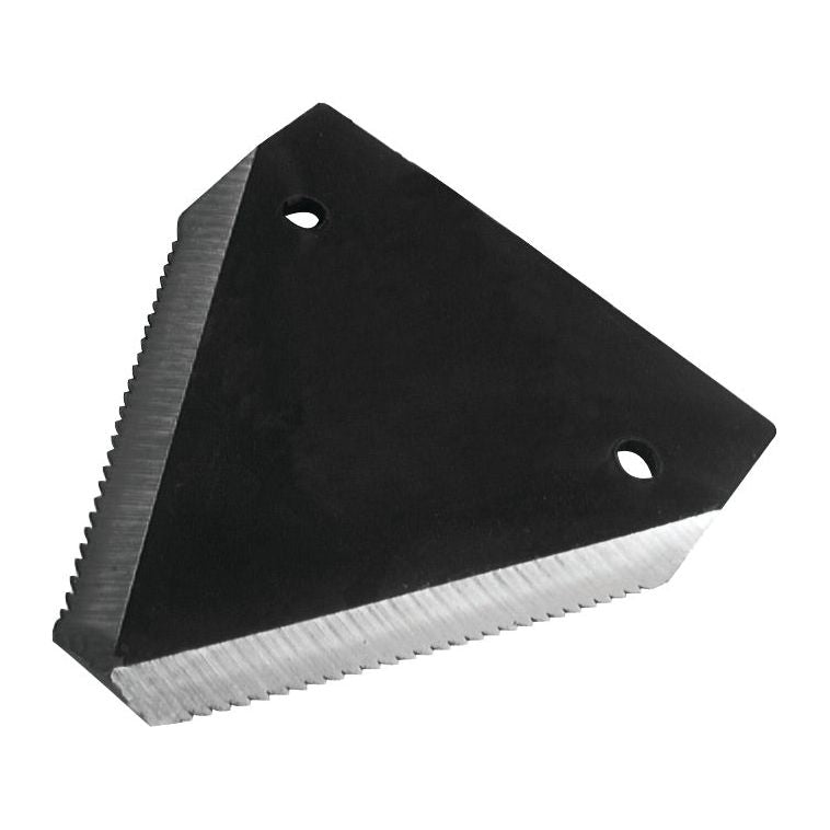 The Sparex Knife Section (model S.78434) is a durable and precise under-serrated replacement for New Holland, featuring a black, triangular metal blade with serrated edges and two circular holes.