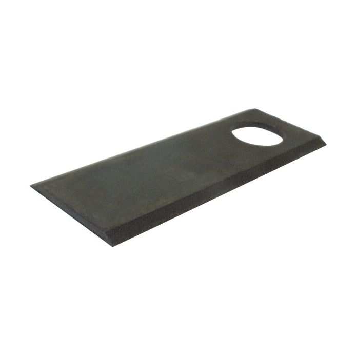 Rectangular black metal mower blade by Sparex with sharp top edges, measuring 109 x 40 x 3 mm, featuring a 20.5 mm hole near one end.