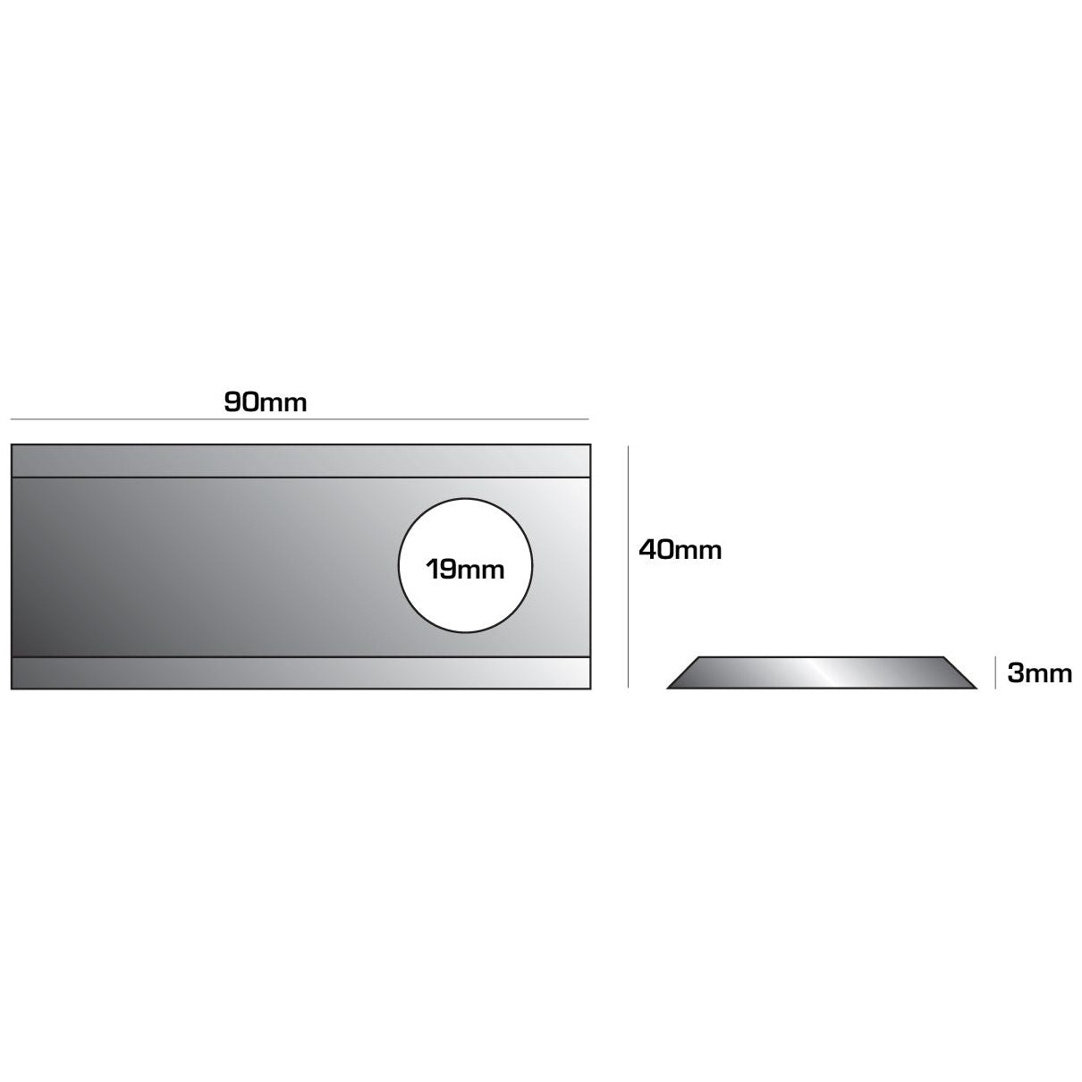 Diagram of a Mower Blade from Sparex, featuring dimensions 90mm by 40mm with a thickness of 3mm. The blade has a circular hole with a diameter of 19mm. The side view reveals beveled edges, commonly used in Universal Tractors by Rasspe. This flat blade, with sharp top edges, fits as part number 06561543 and is also known as Sparex Part No.S.77051 for replacements on Deutz-Fahr, Fella, and Claas machinery.