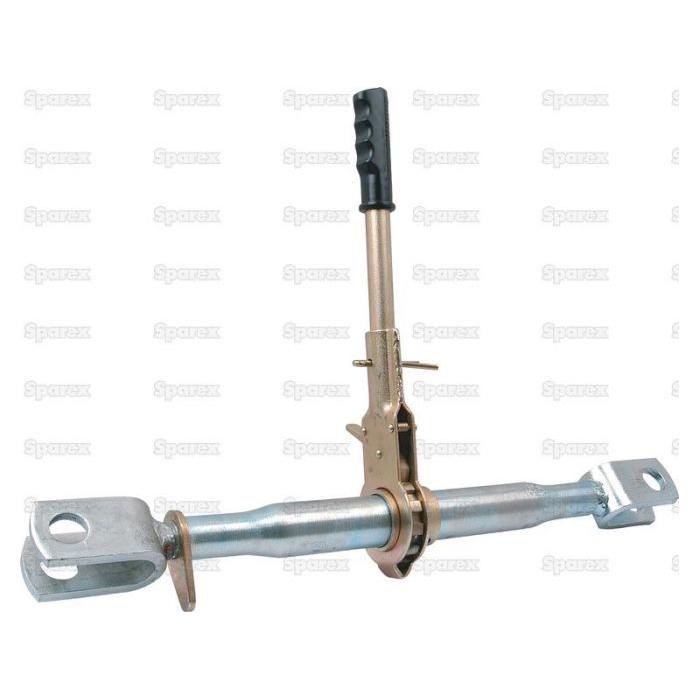 The Ratchet Link Assembly - Double Clevis - S.15293 by Sparex is a metallic lever-operated clamp with a black handle that features a central locking mechanism and two attachment points at either end.