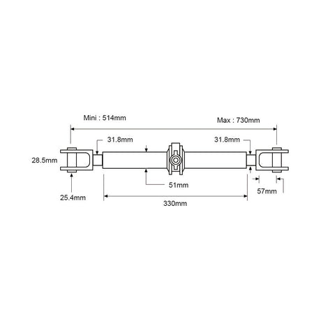 Technical drawing of the Ratchet Link Assembly - Double Clevis (S.15296) by Sparex, with dimensions labeled. Overall lengths range from 514mm to 730mm across various sections. The drawing also details several diameters and specific part lengths, highlighting a notable tube length of 300mm and includes a thread size of 1 1/4'' ACME.