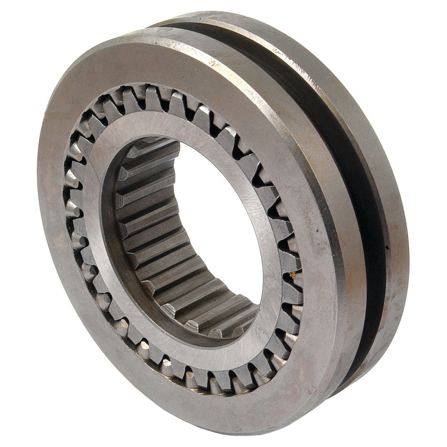 The Rear Coupling (Sparex Part No. S.65347) from the Sparex brand is a metallic mechanical gear with inner and outer rings, featuring teeth on the inner ring, commonly utilized in industrial or automotive applications such as Ford/New Holland machinery.