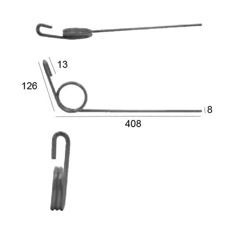 Diagram illustrating a mechanical torsion spring with the specifications: 126 mm height, 13 mm diameter coils, 408 mm length, and an 8 mm arm extension. Perfect for use in KRM machinery or as a Sparex component (Part No: S.78134) for rear-facing following tine configurations (Product Code: 7003102).