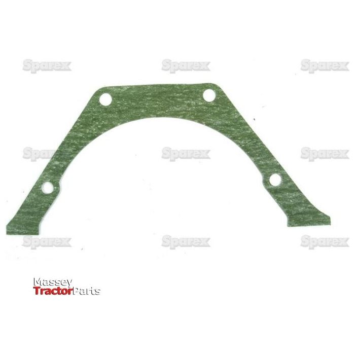 A green Rear Main Housing Gasket, known as Sparex Part No.S.59075, features four holes in its structure and is labeled "Sparex". It is branded with "Massey Tractor Parts" at the bottom left corner and made from durable Cellulosic Fibre Board.