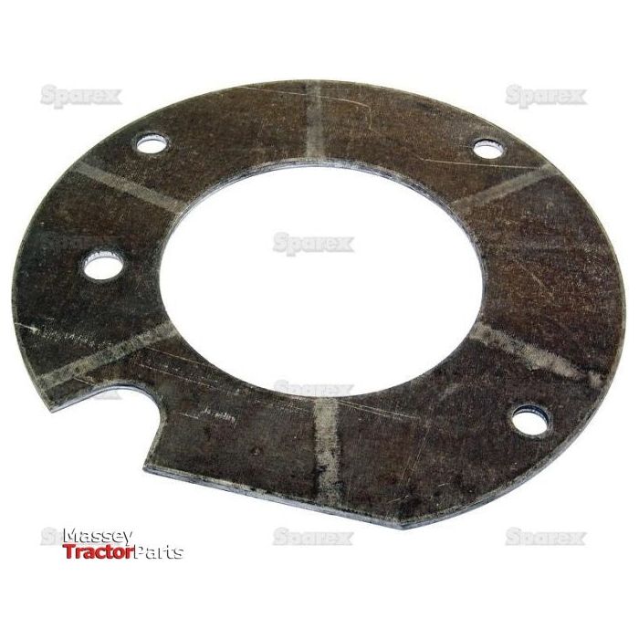 The rear transmission cover plate, identified as Sparex Part No. S.43442, is a round, flat metal component featuring a large central hole and four smaller holes around its perimeter. This part appears to be designed specifically for tractors and prominently displays the "Sparex" brand logo, indicating compatibility with Massey Ferguson models.