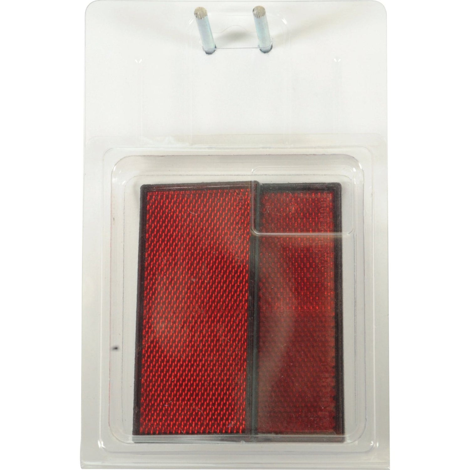 Introducing the Rectangular Reflector (Self Adhesive) Red 2 pcs. Agripak from Sparex, featuring plastic packaging and two metal hooks at the top, perfect for various applications.