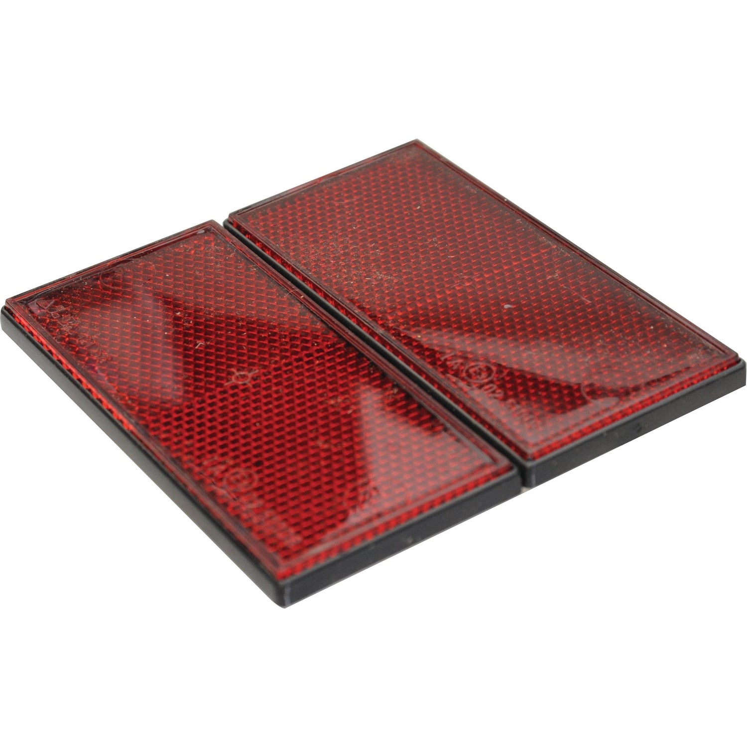 Two Sparex Rectangular Reflectors (Self Adhesive) Red 2 pcs. Agripak, part number S.14441, with textured surfaces are positioned side by side against a white background, each featuring a self-adhesive backing for easy application.
