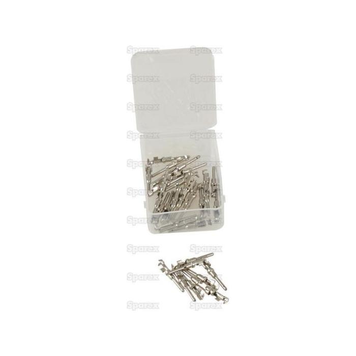A small transparent plastic container filled with metal pins and sockets, resembling the Refill Kit - Deutsch Connector Pins & Sockets (Sparex Part No. S.153140), with additional pins scattered outside the container.