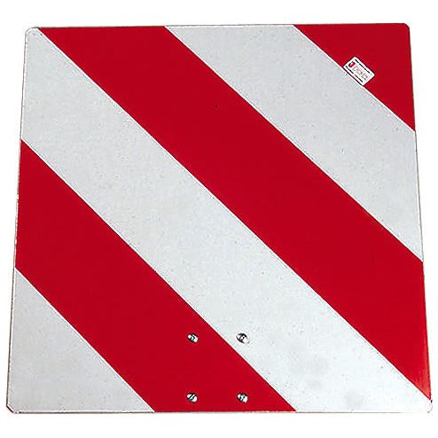 A Sparex Reflector Panel, measuring 423mm x 423mm with diagonal red and white stripes, crafted from galvanized steel, featuring a small label in the top right corner and two bolts in the center.