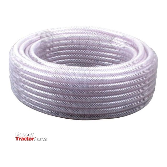 A coiled Sparex Reinforced PVC Hose (18mm hose ID, 25mm hose OD, S.14455) is displayed against a white background, with the Massey Tractor Parts logo in the bottom left corner.