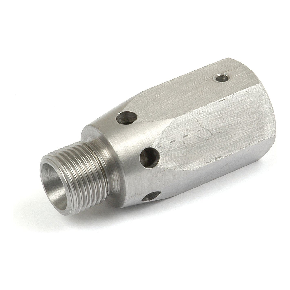 A hydraulic relief valve, known as the Hydraulic Relief Valve | Sparex Part No. S.17265 by Sparex, features a metallic nozzle with a threaded end and multiple small holes along its cylindrical body, specifically designed for use with FARMALL tractors.