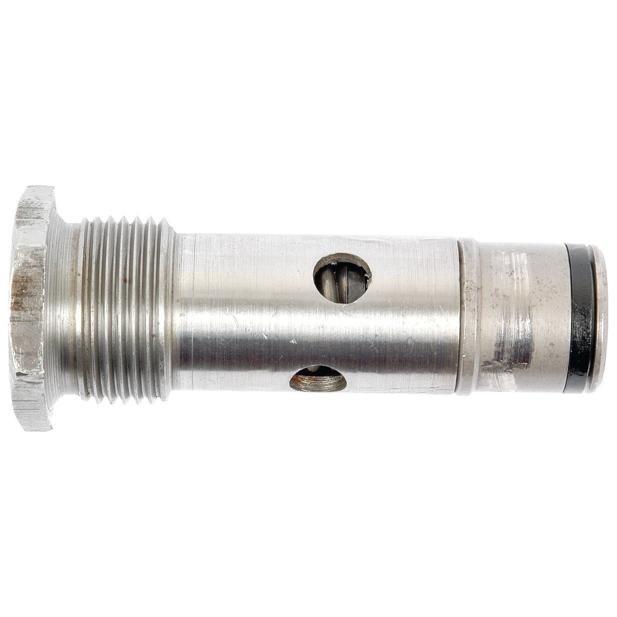 The Sparex Relief Valve (Part No. S.4866) is a cylindrical metal component with threaded sections and two holes, featuring a rubber gasket near one end, designed for Ford/New Holland valves.