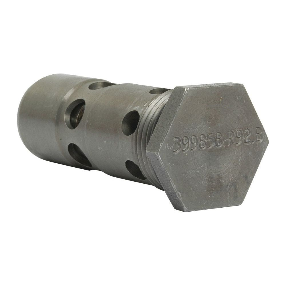 A hexagonal metal component with multiple circular openings along its cylindrical body, marked with the numbers "399856-R92-B" on one side, resembling the Sparex Relief Valve (Part No. S.57319) commonly found in International Harvester machines.