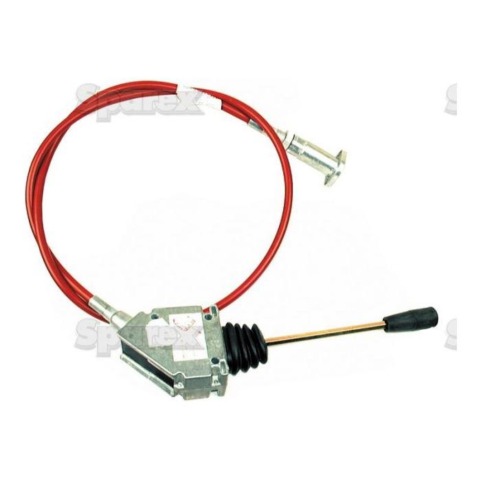 Red cable with a silver hand control and an attached black rubber handle. The image has visible text that says "Sparex." Ensure you check the 2M cable length when considering this Sparex Remote Control Assembly with 2M Cable (Sparex Part No.S.5327).
