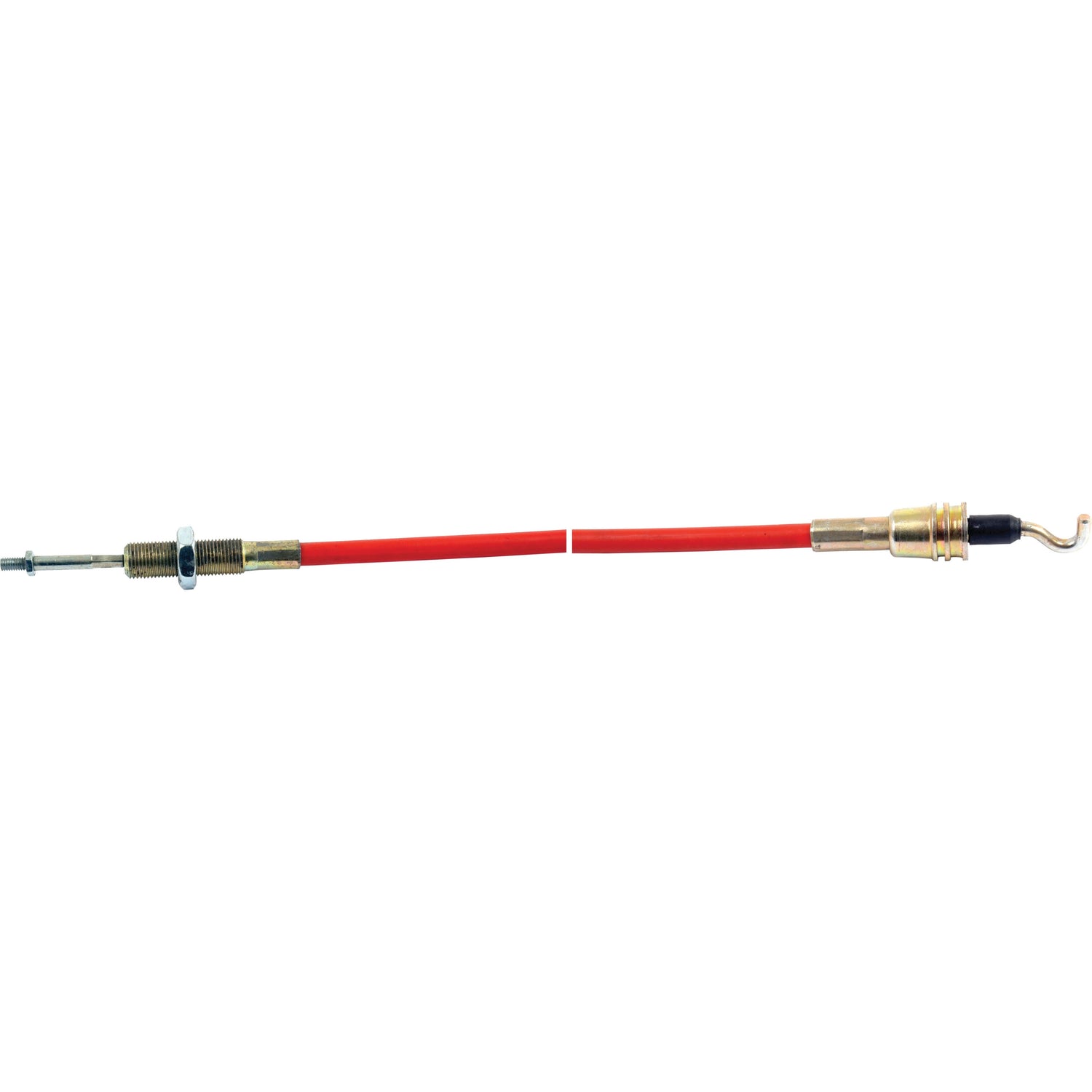 The Sparex Remote Control Cable 1.75M (Sparex Part No. S.5322) is a red throttle control cable with metal fittings at both ends, featuring an adjustment nut and a hook at one end, ensuring precise performance for your machinery.