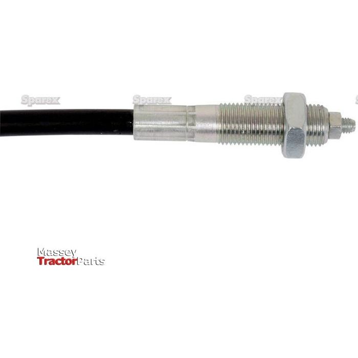 Close-up of a black cable with a threaded metal end and nut. The background includes faintly visible text and a watermark that reads "Sparex" and "Massey Tractor Parts." This Sparex Remote Control Cable - Morse Style - Ball End 1.5M (Sparex Part No.S.101717) is ideal for precision control applications.