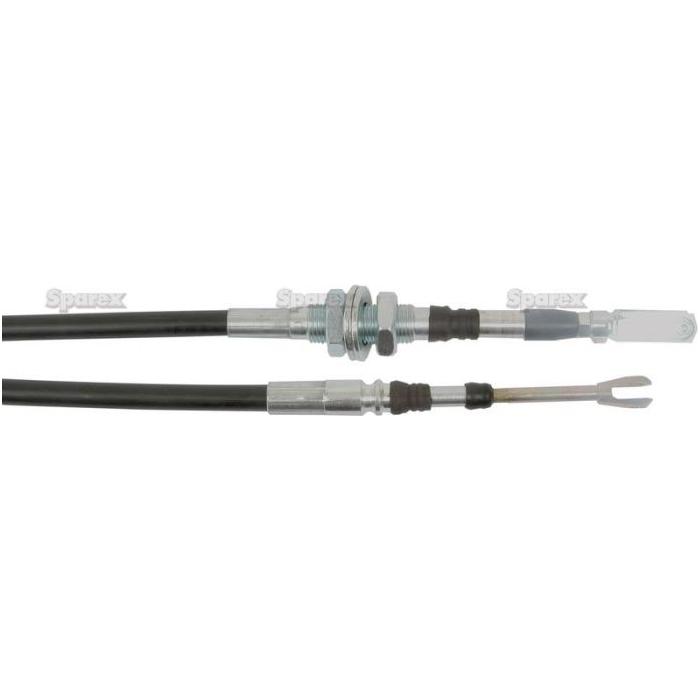 Two control cables with metal fittings. One cable has a threaded adjustment, while the other is the Sparex Remote Control Cable with Clevis End for Joystick 2M (Sparex Part No.S.101731). Both are ideal for mechanical control applications.