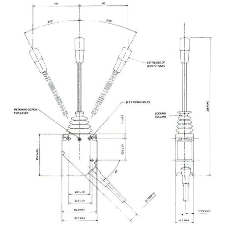 Technical drawing of the Sparex Remote Control Lever Handle Black (Sparex Part No. S.5313), an alternative to 101688, showing dimensions, range of motion, fixing holes, locking collars, and other detailed measurements.