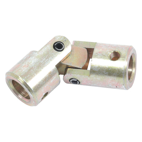 A Sparex Levelling Box Remote Drive Coupling Pin (Ø: 25mm, Overall length: 73mm, Part No. S.42529), featuring a metal universal joint with cylindrical components and pivoting connection, threaded openings, and securing bolts—ideal for use in Massey Ferguson machinery.
