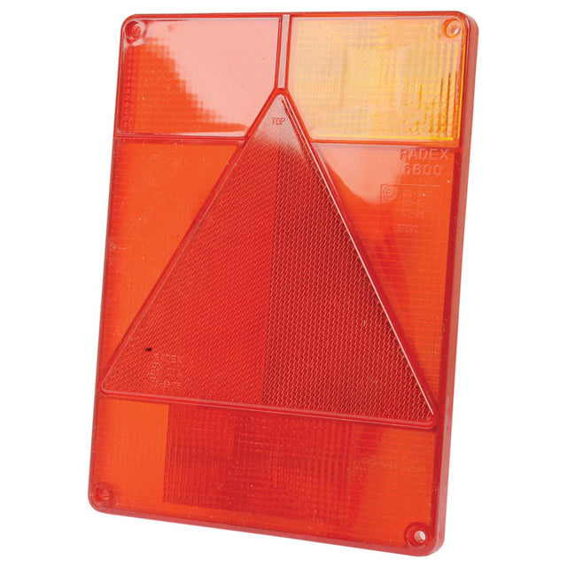 A Sparex Replacement Lens, compatible with models S.26650, S.26652, and S.26654 (Sparex Part No. S.26656), features a red and orange rectangular reflector with a central triangular pattern. The lens is labeled "RADEX 8600" on the right side and is crafted from durable polycarbonate, making it an ideal replacement for your equipment.