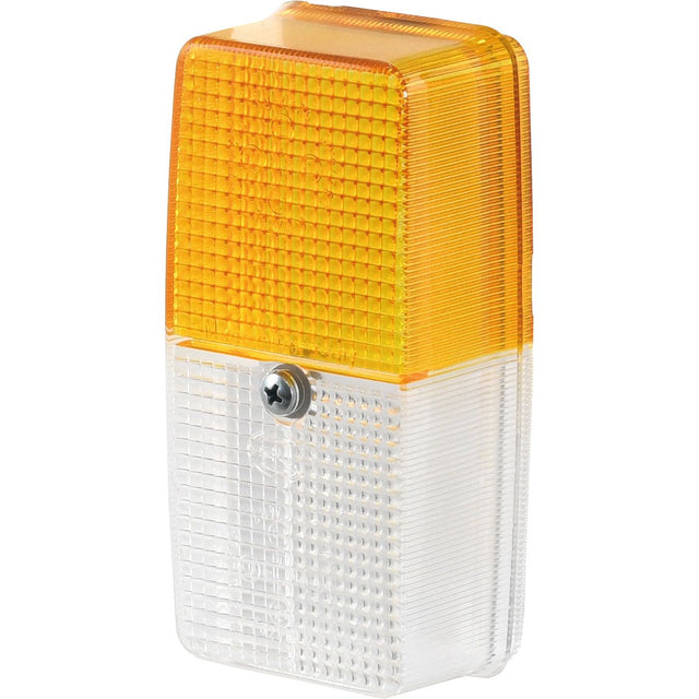The Sparex Replacement Lens (Part No. S.31927), designed to fit S.31905, is a rectangular light fixture with an amber top half and a clear bottom half. It features a textured surface and includes a central screw for mounting. The durable polycarbonate construction ensures longevity and reliability.