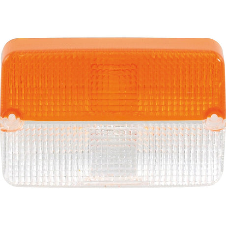 Close-up image of a Replacement Lens by Sparex, featuring a polycarbonate front light lens with the top half in orange and the bottom half in clear color. This lens fits models S.56139 & S.56122 (Sparex Part No.S.56205).