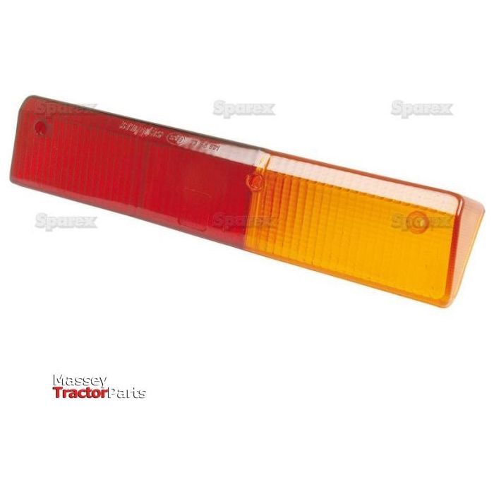 A close-up of a Sparex Replacement Lens, designed to fit part number S.56276 and labeled with Sparex Part No. S.56277, shows its red and amber hues in a rectangular shape with angled edges against a clear white background.