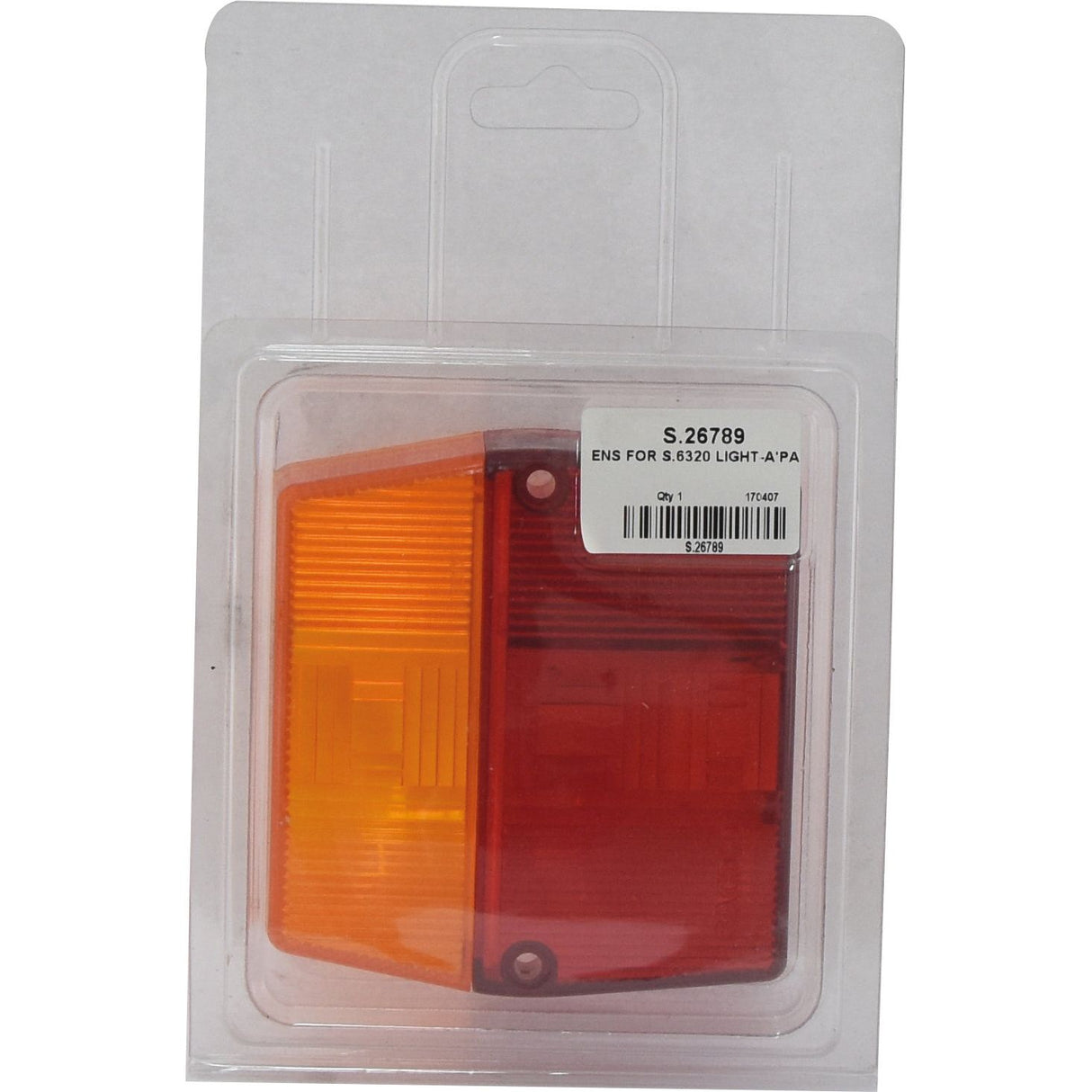 Packaged polycarbonate red and amber lens for a lighting fixture, labeled "Replacement Lens, Fits: S.6320 | Sparex Part No. S.26789." Ideal as a replacement lens, this product is part of the Sparex Agripak range.