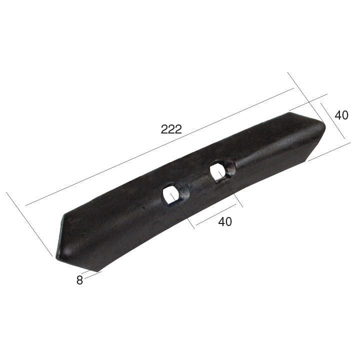The Sparex Reversible Point, measuring 222mm in length, 40mm in height, and 8mm in thickness (Sparex Part No. S.77318), is a black metal bracket with two square holes spaced 40mm apart. It is ideal for Universal Tractors, ensuring a secure fit.
