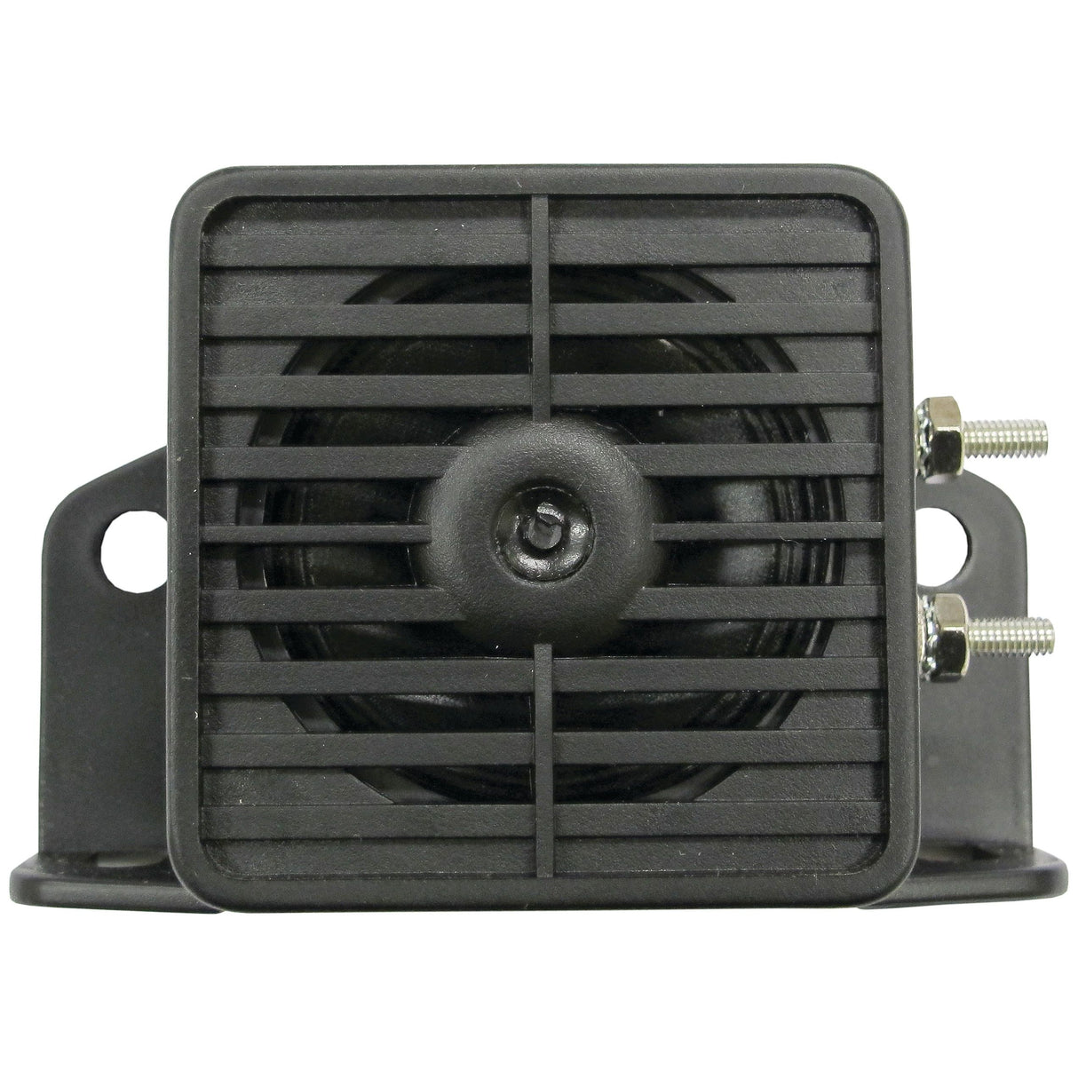 The Sparex Reversing Alarm - White Noise - S.28894 is a black rectangular electronic device featuring a grill front, two mounting holes at the base, and two metal terminals on the right side, making it suitable for various installations.