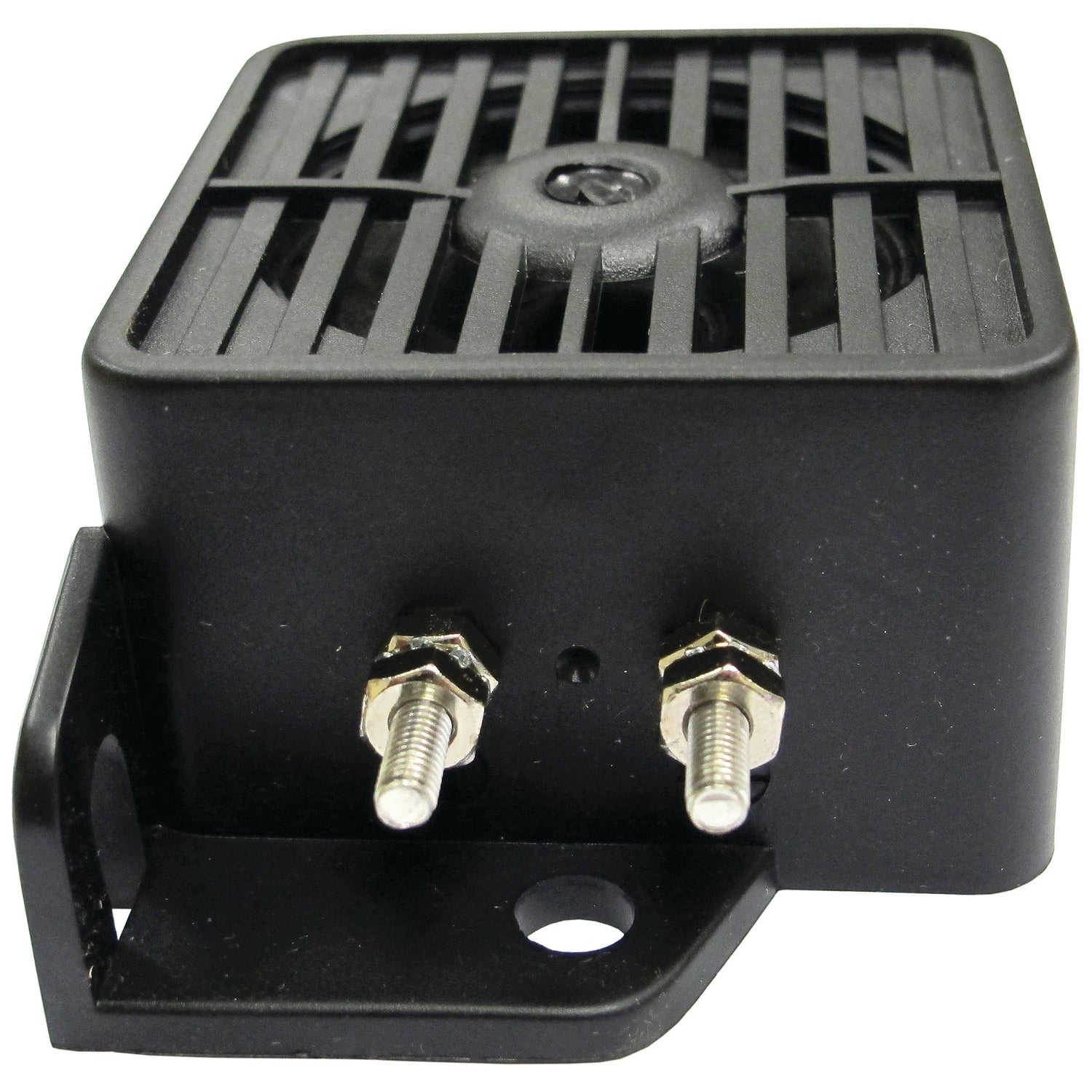 The Reversing Alarm - White Noise - S.28894 by Sparex is a compact black electronic device featuring two metal screw terminals and a gridded top for ventilation, making it suitable for various applications. It is conveniently mounted on a small bracket.