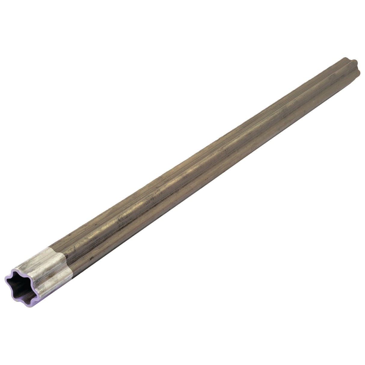 A 1-meter Rilsan® Coated PTO Tube - Star Profile (S4GA) by Sparex, featuring a long, metallic, hexagonal design with a light purple end.
