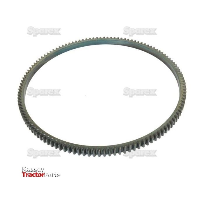 A circular metal gear ring with evenly spaced teeth and a notable gear width, set against a plain white background. The image features logos for Sparex and Massey Tractor Parts, emphasizing its relevance to the Perkins Build List. This is the Ring Gear - S.41449 by Sparex.