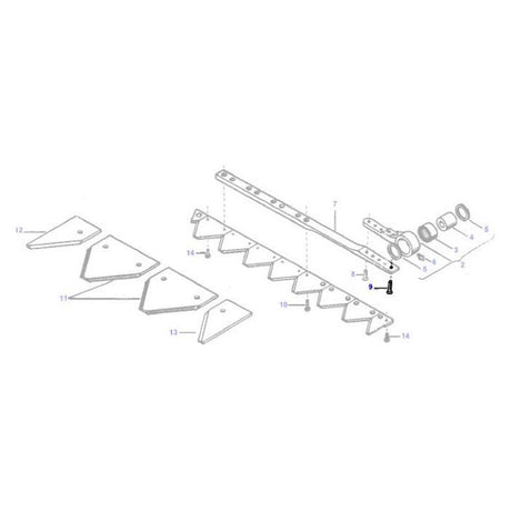 Diagram of a disassembled mechanical component from the AGCO Massey Ferguson "Rivet Head to Spring - 29142X," showcasing numbered parts including multiple triangular and rectangular pieces, bolts, and circular rings arranged in sequence.
