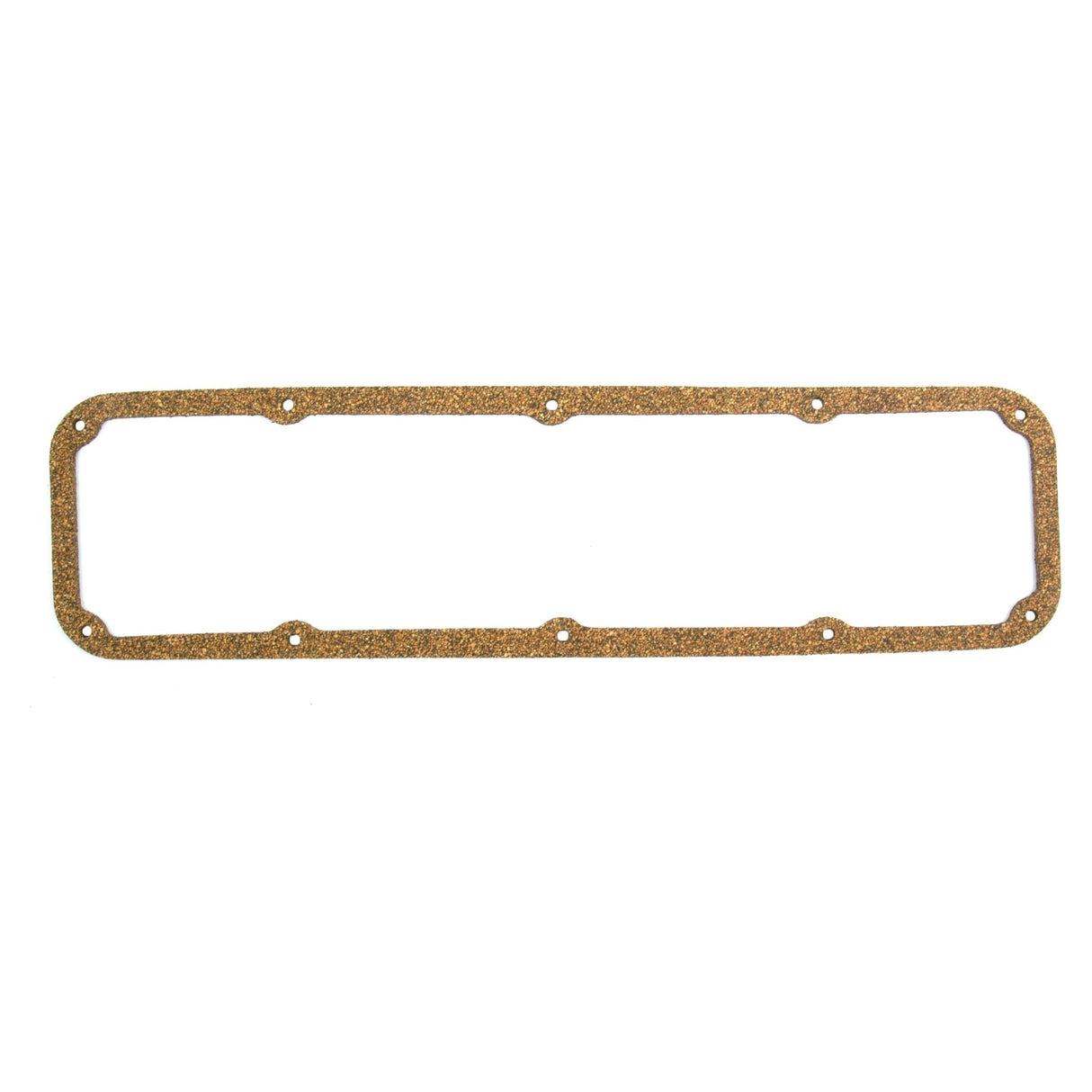The Sparex Rocker Cover Gasket - 4 Cyl., identified by Part No. S.52609, is a rectangular cork gasket with rounded corners and eight 7mm bolt holes evenly spaced around the edges, designed specifically for use in a cylinder on a Leyland engine.