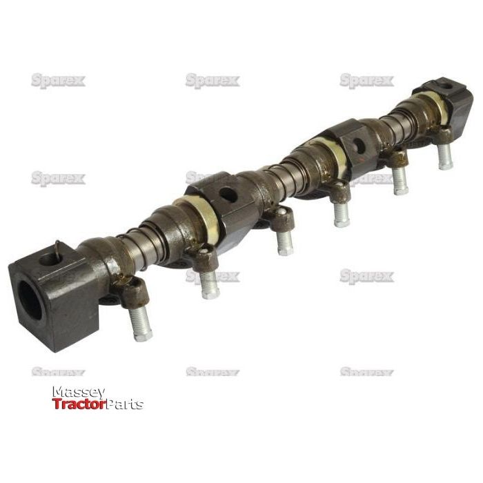 Image of a Massey tractor camshaft with five lobes, bolts, and metal components. The camshaft is placed against a white background with the words "Massey Tractor Parts" and "Sparex" visible in the image. Nearby, a Rocker Shaft Assembly (3 Cyl.) for Ford/New Holland, labeled as Sparex Part No.S.65144 can be seen.
