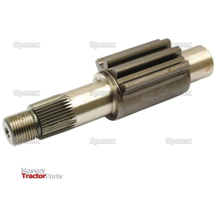 An image of a rocker shaft, designated Sparex Part No. S.40279, designed for tractor machinery, featuring multiple gears and a threaded end. The background subtly displays the text "Sparex" and "Massey Tractor Parts," underscoring its suitability for Massey Ferguson tractors.