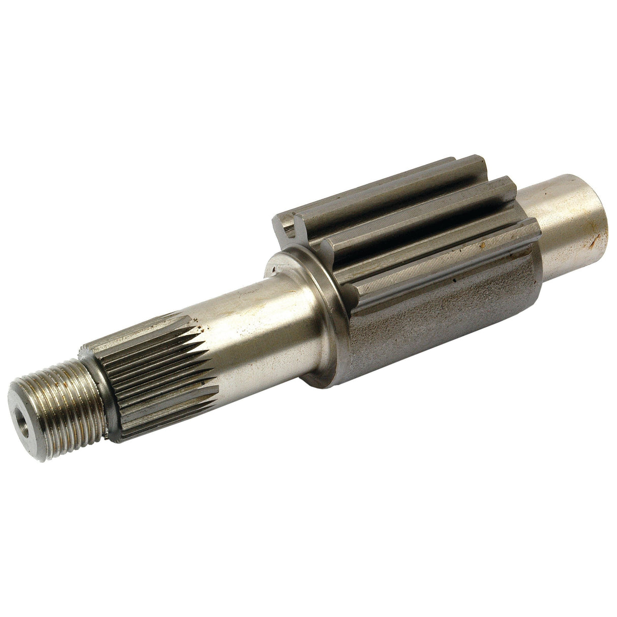 The Rocker Shaft, Sparex Part No. S.40279 by Sparex, is a metal gear shaft component featuring threading on one end and grooved teeth along its midsection, designed for machinery or automotive applications, commonly found in Massey Ferguson models.