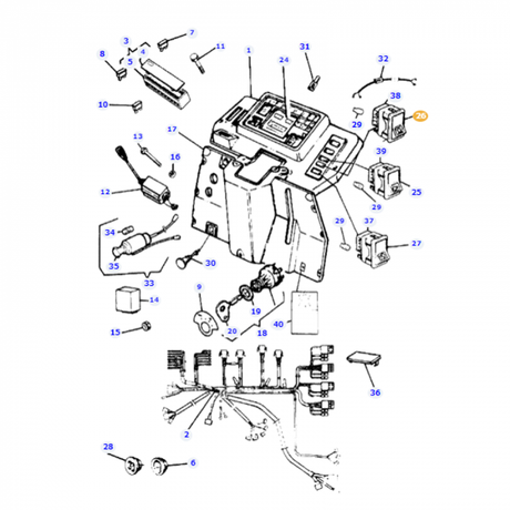 Exploded view diagram of a mechanical device with numbered parts and components, showing how each piece fits together, specifically highlighting the Massey Ferguson Rocker Switch (3533922M91) from AGCO.