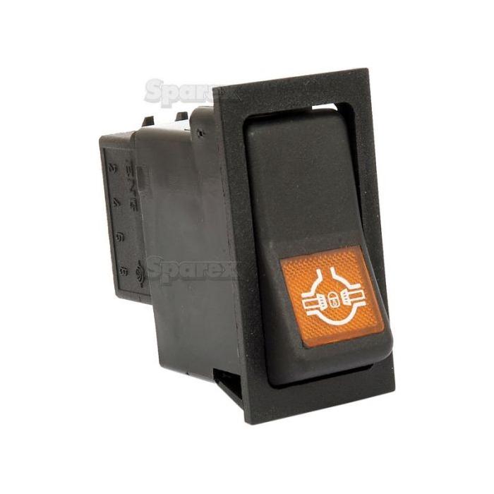 A close-up view of the Sparex Rocker Switch - Diff. Lock, 2 Position (On/Off) - S.23147, an IP65-rated electrical rocker switch featuring a black casing with an orange indicator light displaying a rear window defrost symbol, designed for 12V DC systems.