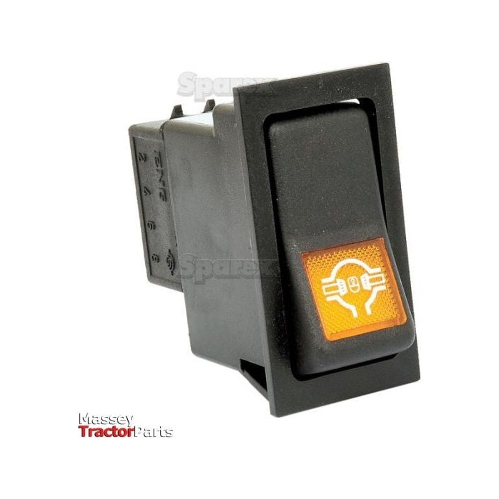 Close-up view of the Sparex Rocker Switch - Diff. Lock, 3 Position (Off/1/(2)) - S.57351, a black latching and momentary rocker switch with an orange indicator light featuring a headlight symbol, designed for 12V DC automotive applications and boasting an IP65 rating.