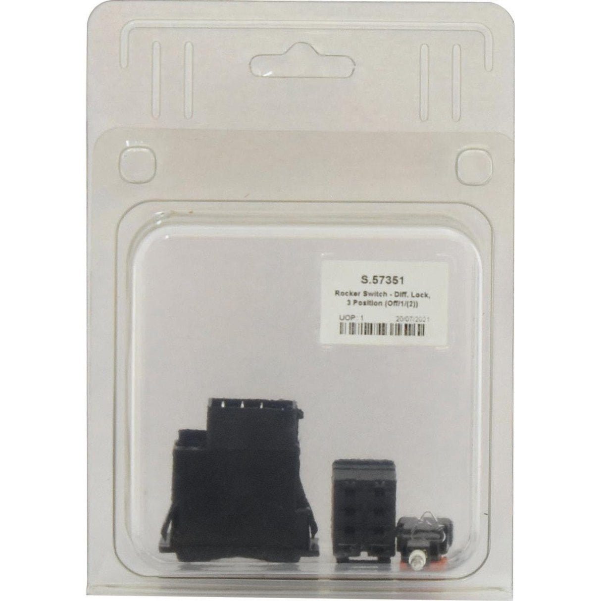Image of a plastic package containing the Sparex Rocker Switch - Diff. Lock, 3 Position (Off/1/(2)), labeled "S.57351". The package includes the switch and associated small components, and is rated at 12V DC with an IP65 protection level.